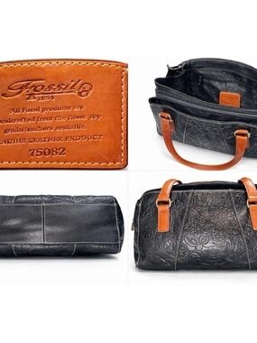 Fossil Black Embossed Leather Duffel with Tan Handles